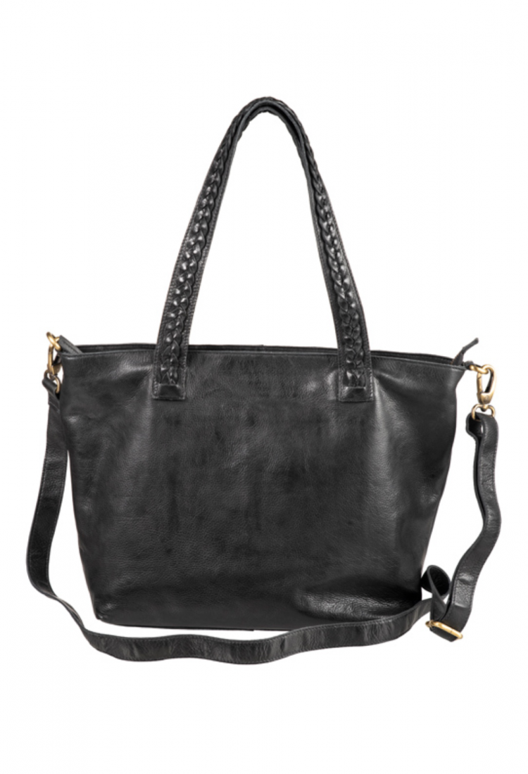 Women's dark green leather shoulder bag with braided handles 528962