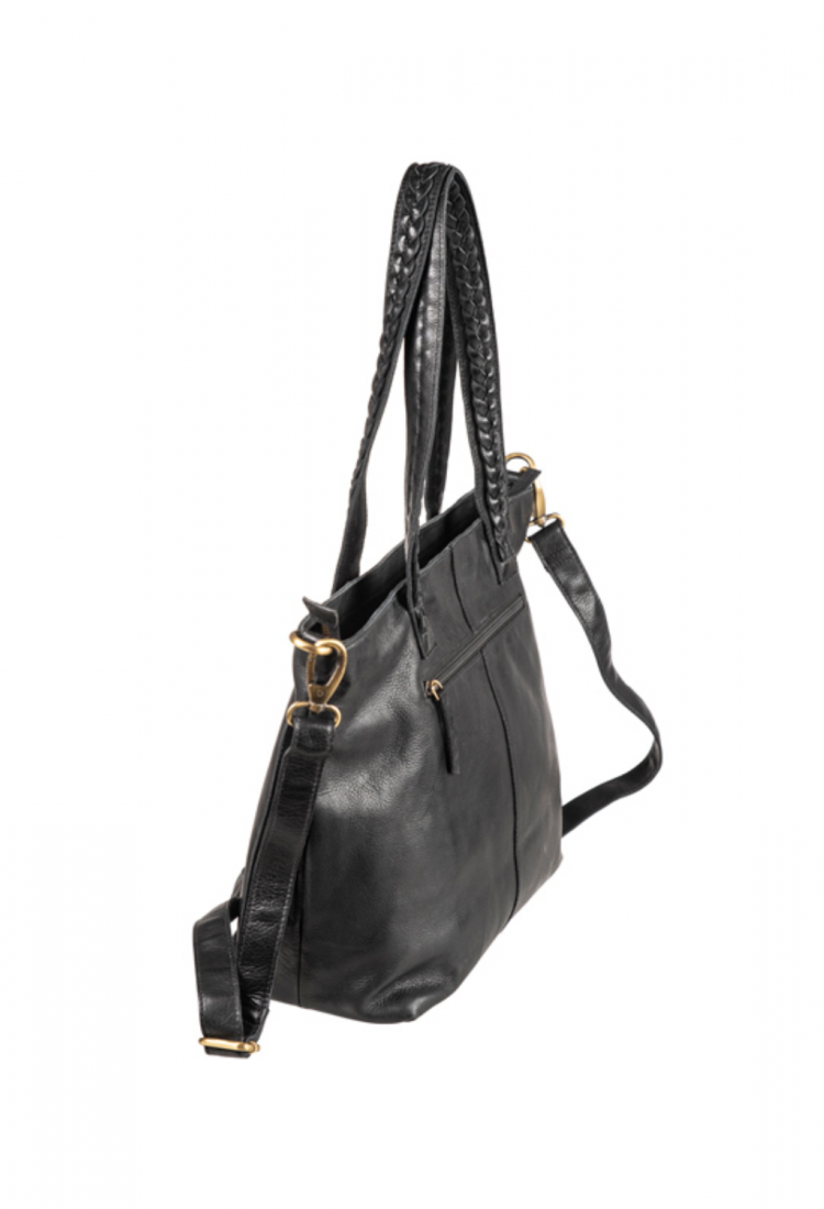 Women's dark green leather shoulder bag with braided handles 528962