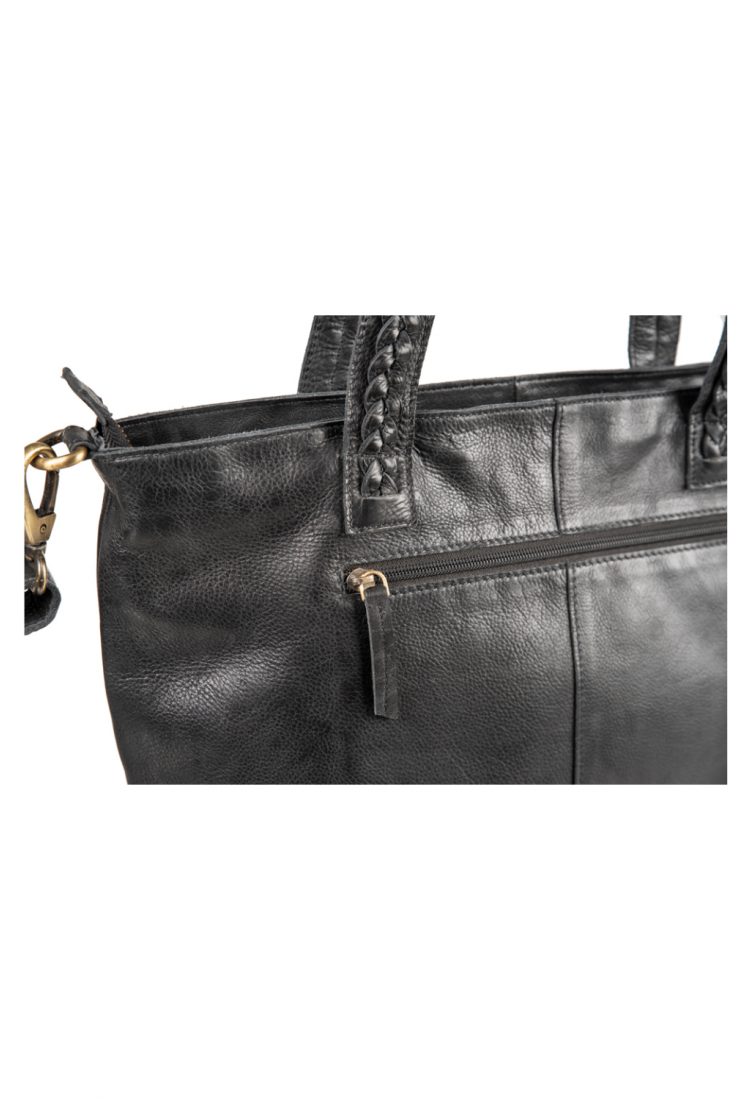 Women's dark green leather shoulder bag with braided handles 528962