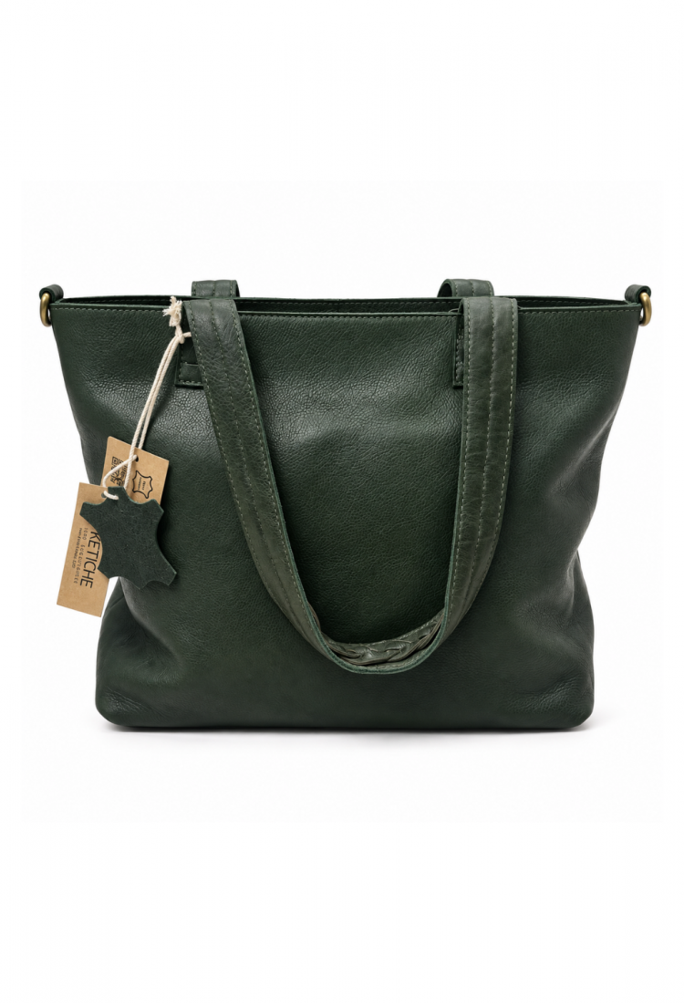 Women's Green Leather Shoulder Bag 528962 Women's dark green leather shoulder bag with braided handles 528962