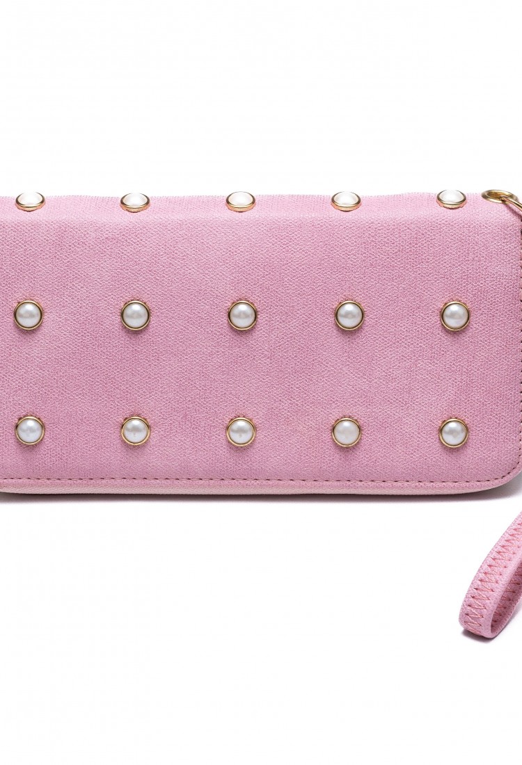 Γυναικείο πορτοφόλι μεγάλο P2083-3 δερματίνη φερμουάρ λουράκι πέρλες. Ροζ